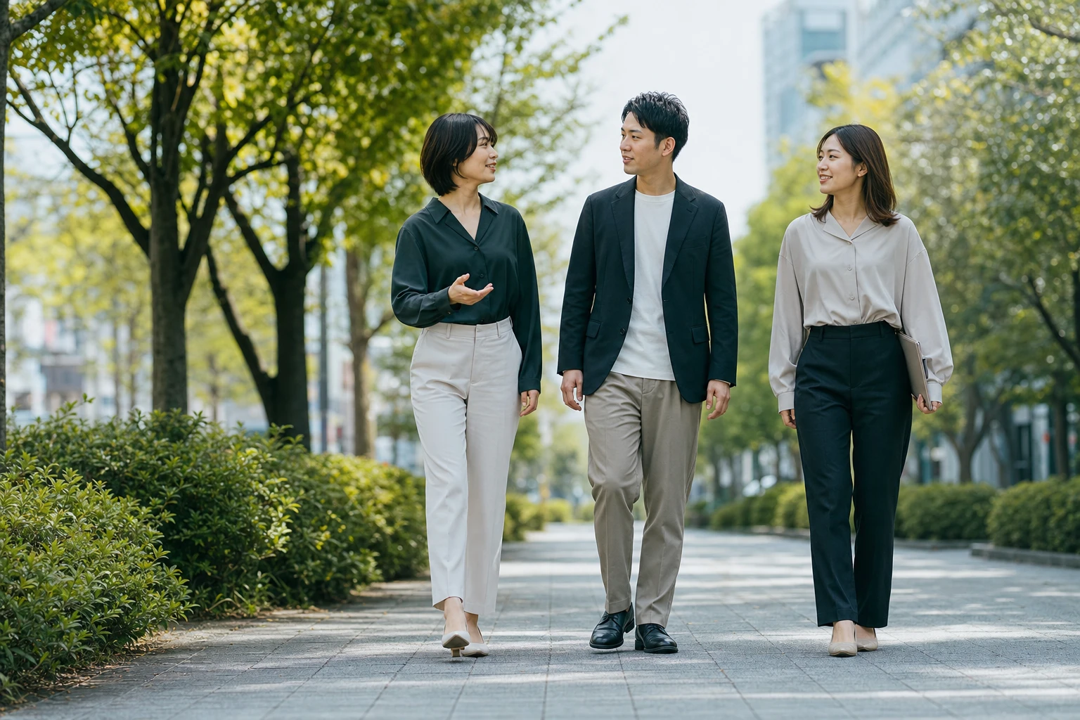 緑のある街路を歩く三人のイメージモデル